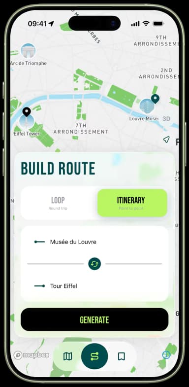 Itinerary setup screen for a point-to-point running route between two Paris addresses