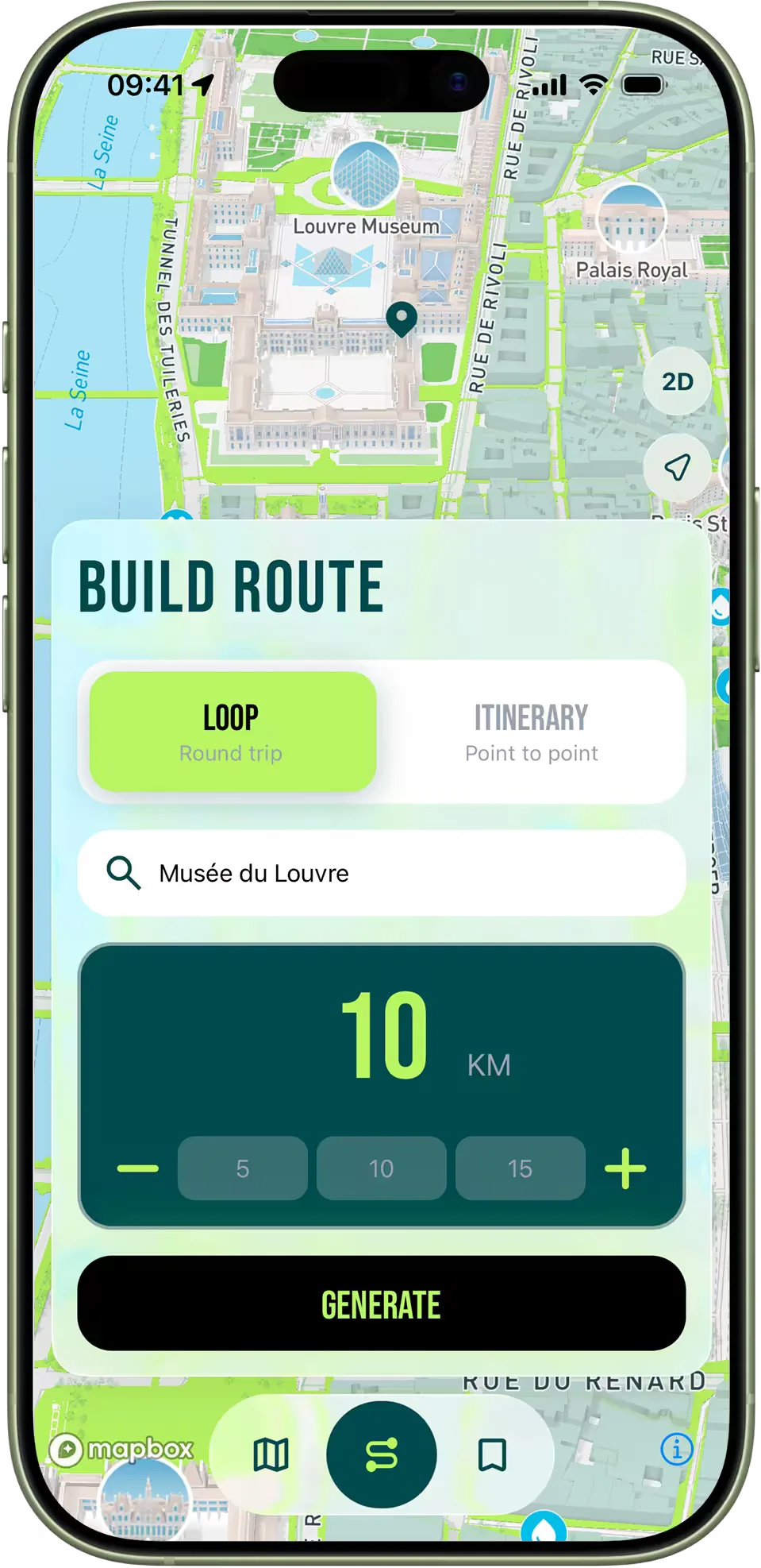 Configuration d'un parcours en boucle de 10 kilomètres dans l'application RunninParis