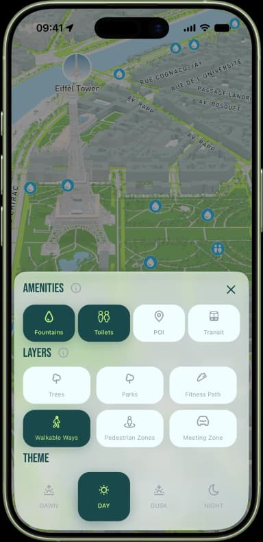 Running-focused Paris map with toggleable overlays for fountains, toilets, parks and tree density