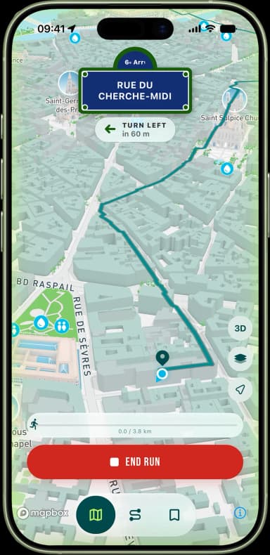 Live running mode with blue dot and route trace on a Paris street, fountains shown on map