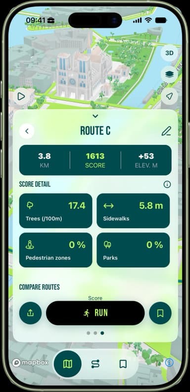 Running route score breakdown by factor: trees, sidewalks, pedestrian zones and parks