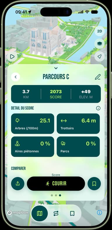 Décomposition détaillée du score d'un parcours de running par critère : arbres, trottoirs, parcs