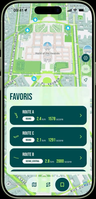 Bibliothèque personnelle de parcours de running sauvegardés avec leur distance et leur score