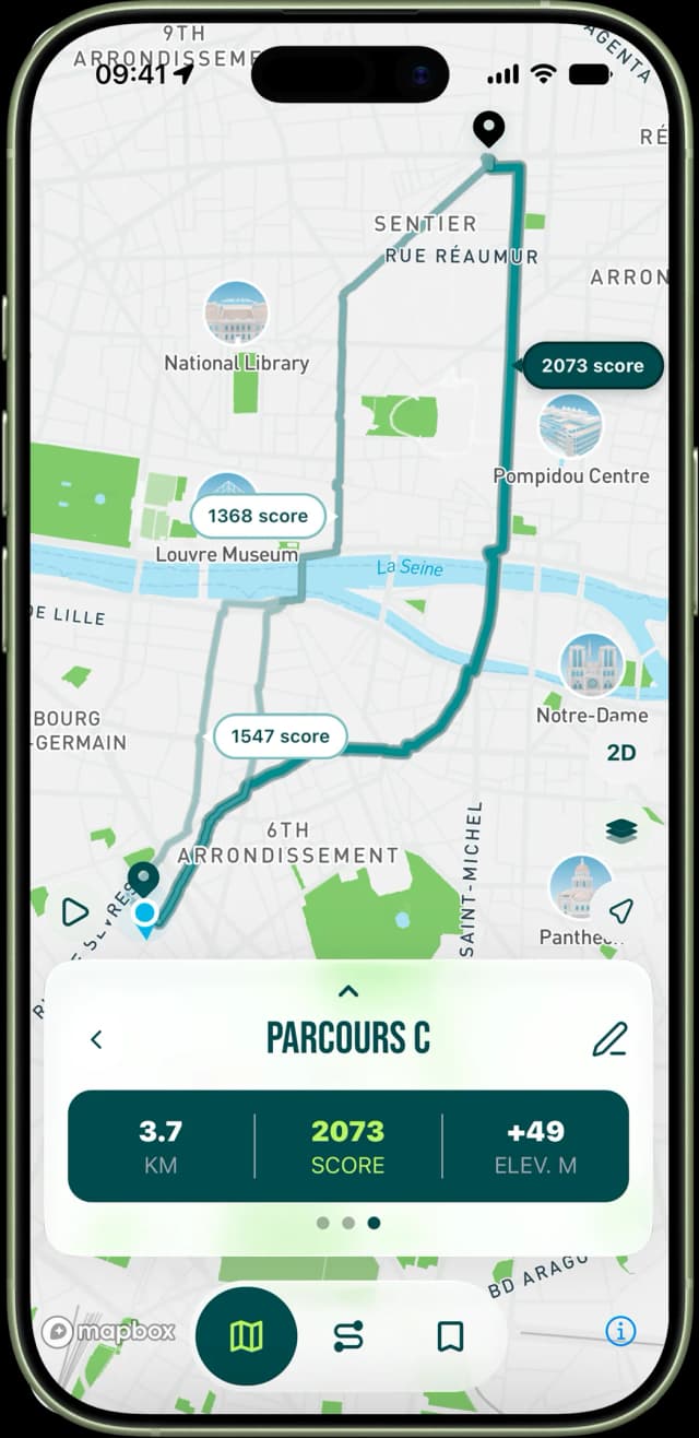 Plusieurs parcours de running générés sur la carte de Paris avec leur score global
