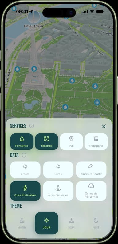 Carte de running à Paris avec calques activables : fontaines, toilettes, parcs et densité d'arbres