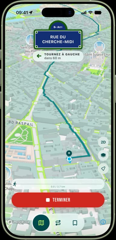 Mode running en direct avec point bleu et tracé du parcours sur une rue de Paris